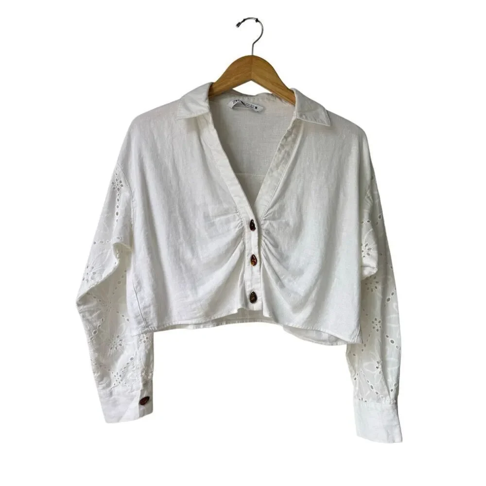 ZARA White Linen Blend Eyelet Long Sleeve Crop Top Size M